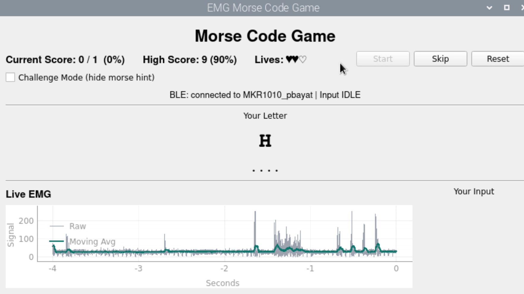 Morse code game showing a target letter, live raw and smoothed EMG signals, and the input area
